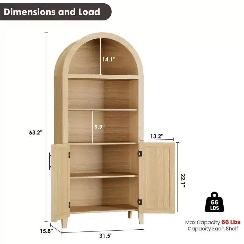 63.2" Arched Bookcase with Doors, 5-Tier Open Display Shelf with Rattan Decor for Kitchen, Dining Room, Living Room
