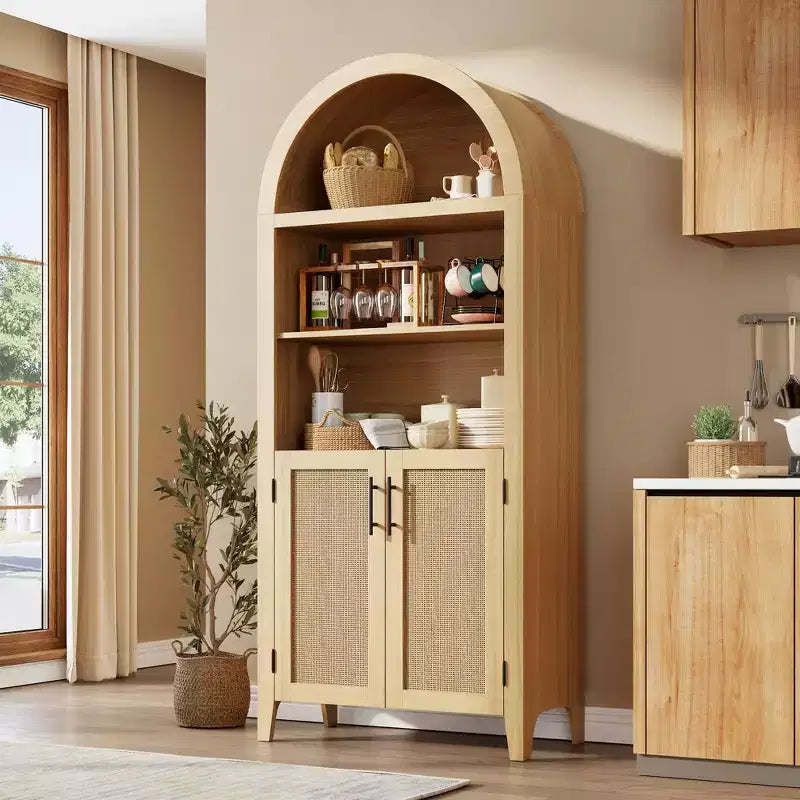 63.2" Arched Bookcase with Doors, 5-Tier Open Display Shelf with Rattan Decor for Kitchen, Dining Room, Living Room