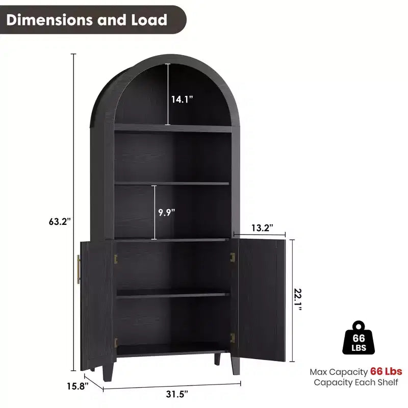 63.2" Arched Bookcase with Doors, 5-Tier Open Display Shelf with Rattan Decor for Kitchen, Dining Room, Living Room