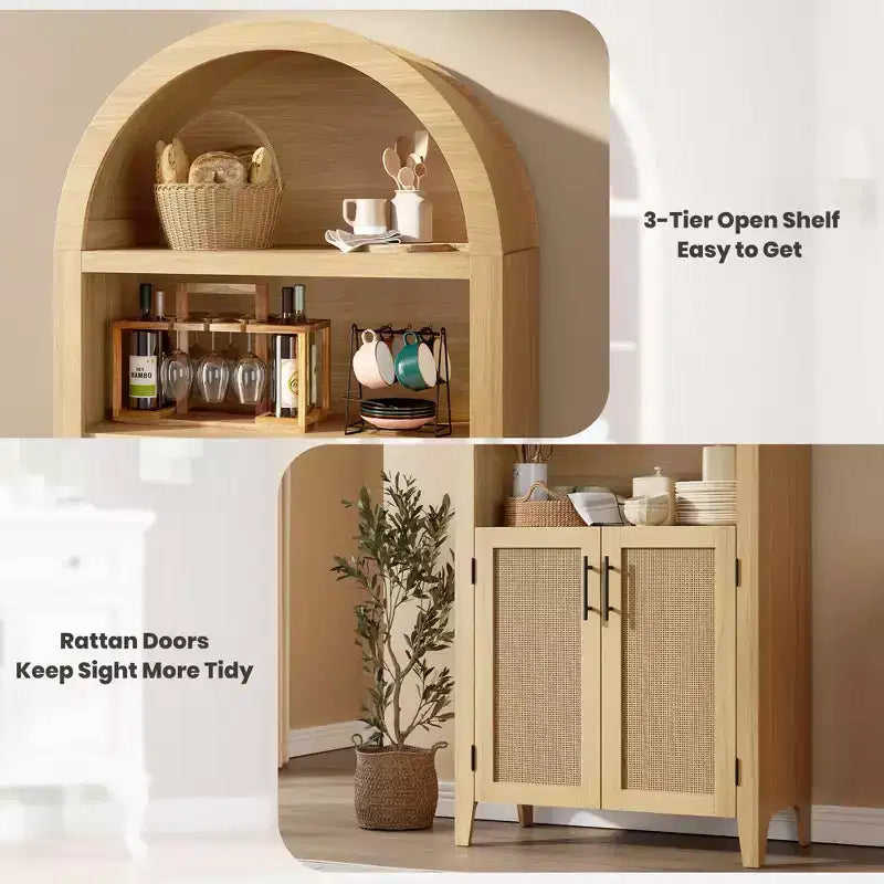 63.2" Arched Bookcase with Doors, 5-Tier Open Display Shelf with Rattan Decor for Kitchen, Dining Room, Living Room