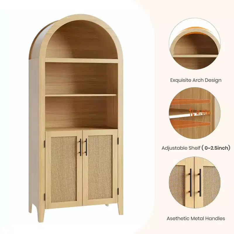 63.2" Arched Bookcase with Doors, 5-Tier Open Display Shelf with Rattan Decor for Kitchen, Dining Room, Living Room