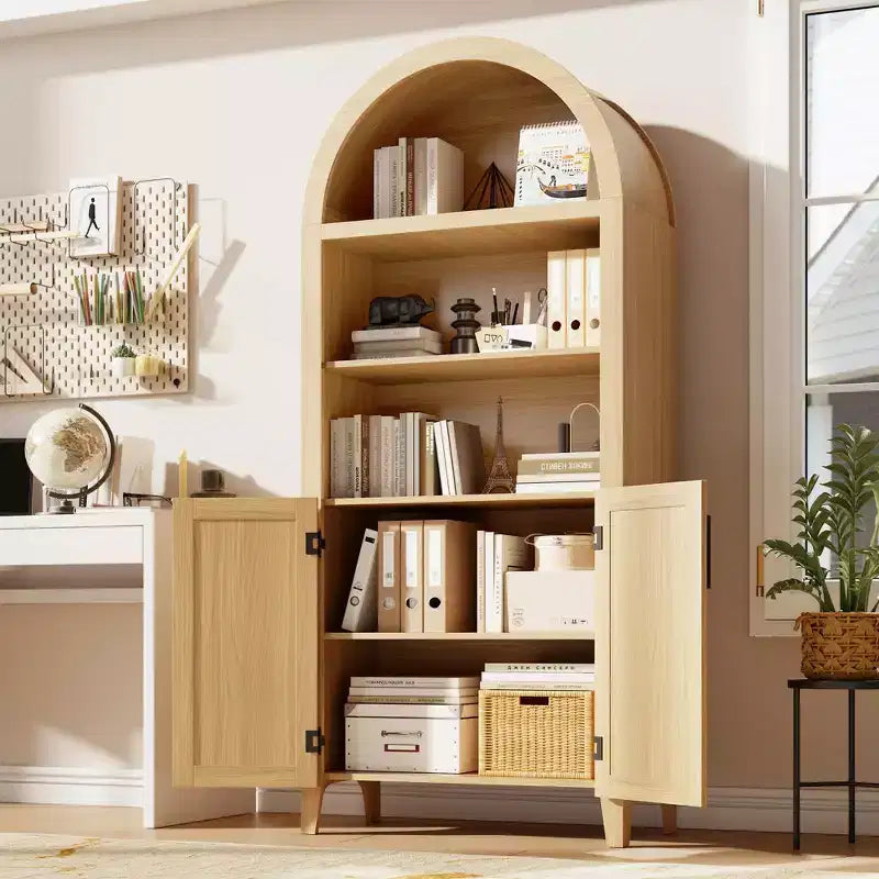 63.2" Arched Bookcase with Doors, 5-Tier Open Display Shelf with Rattan Decor for Kitchen, Dining Room, Living Room