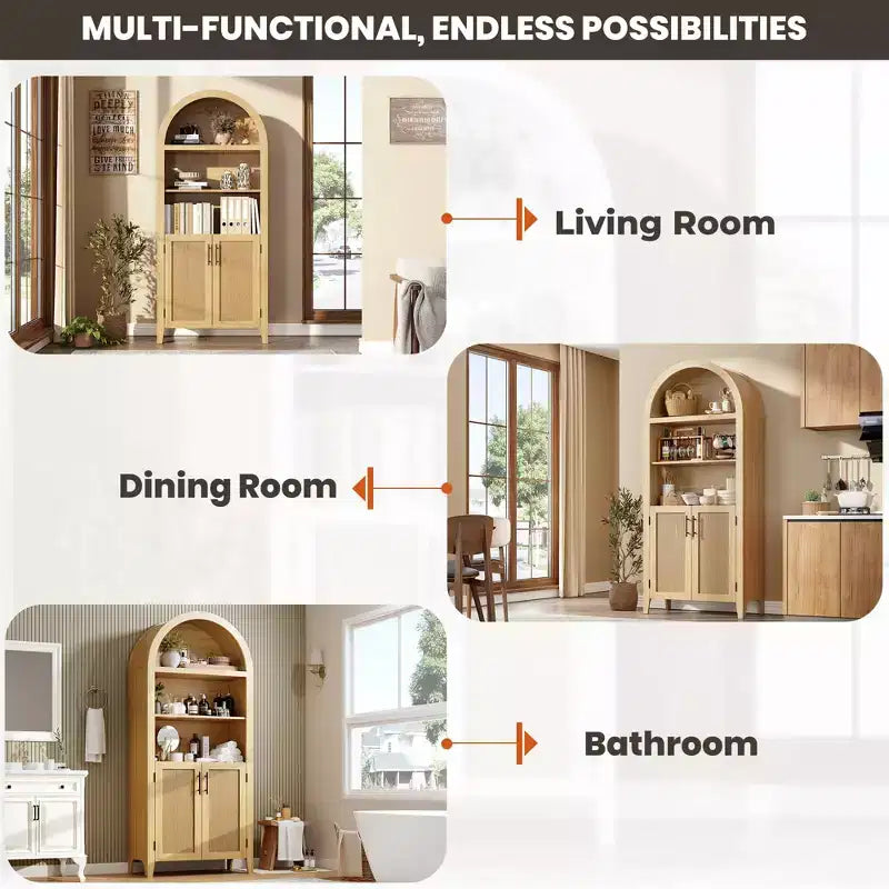 63.2" Arched Bookcase with Doors, 5-Tier Open Display Shelf with Rattan Decor for Kitchen, Dining Room, Living Room