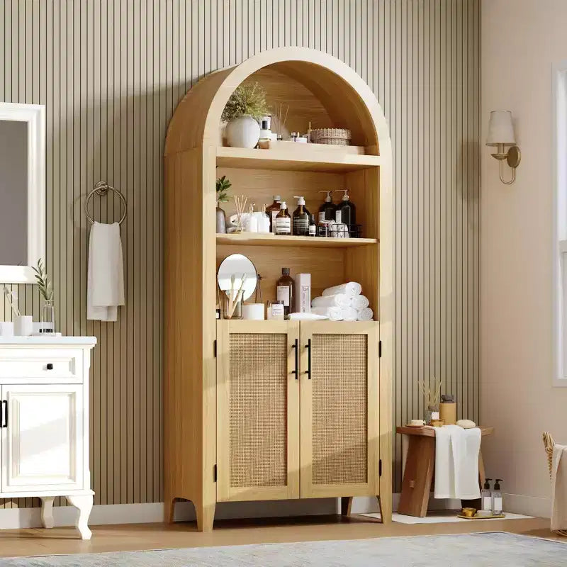 63.2" Arched Bookcase with Doors, 5-Tier Open Display Shelf with Rattan Decor for Kitchen, Dining Room, Living Room