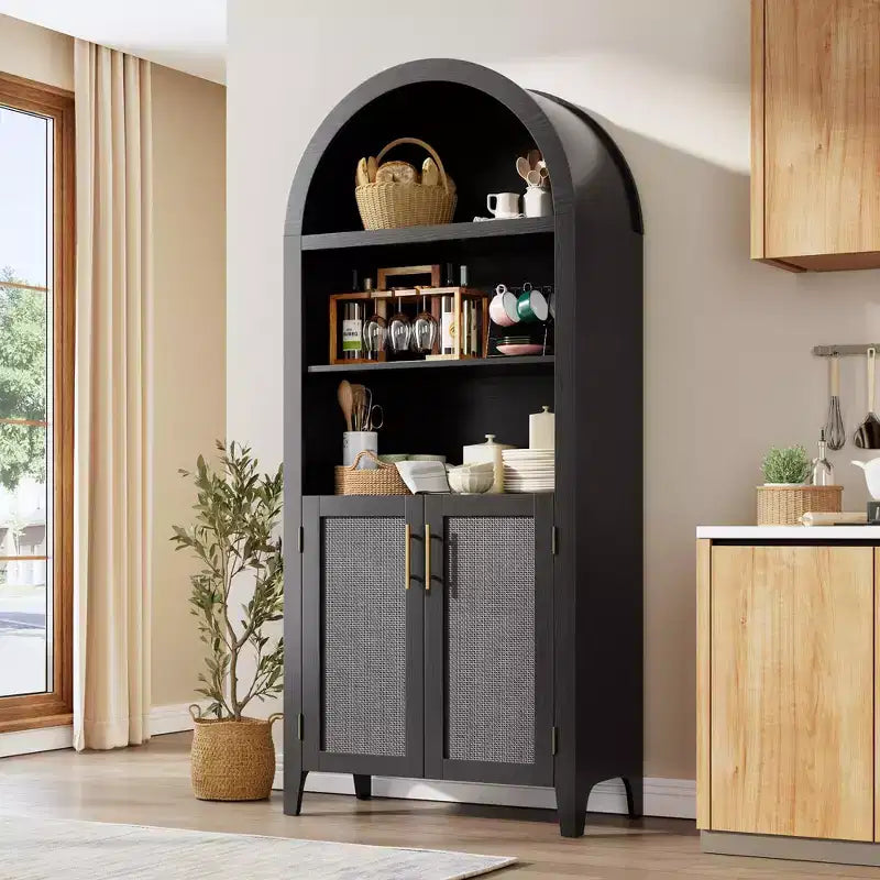 63.2" Arched Bookcase with Doors, 5-Tier Open Display Shelf with Rattan Decor for Kitchen, Dining Room, Living Room