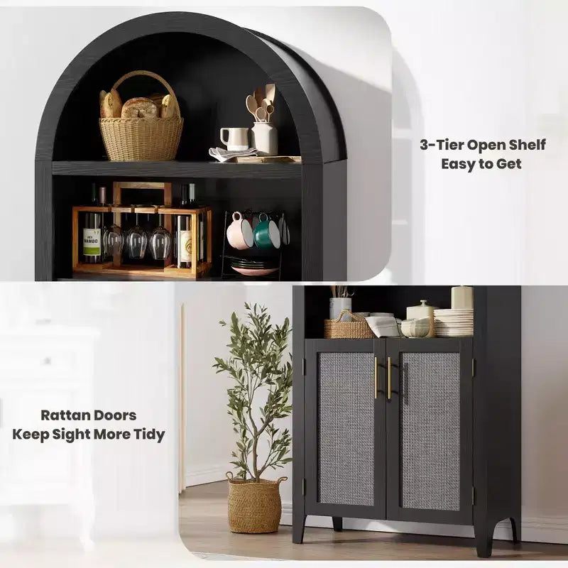 63.2" Arched Bookcase with Doors, 5-Tier Open Display Shelf with Rattan Decor for Kitchen, Dining Room, Living Room