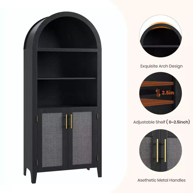 63.2" Arched Bookcase with Doors, 5-Tier Open Display Shelf with Rattan Decor for Kitchen, Dining Room, Living Room