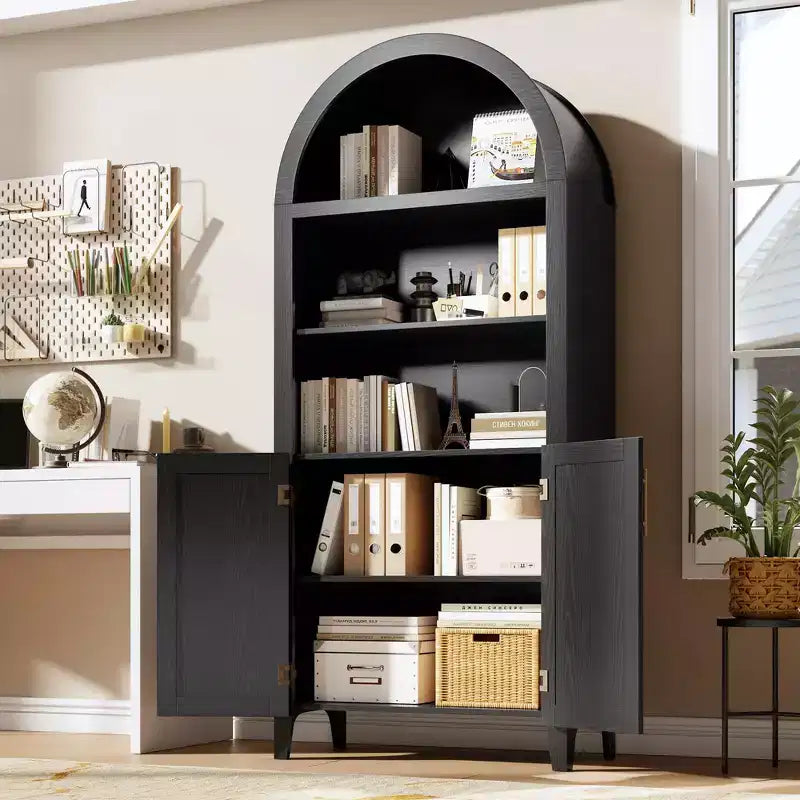 63.2" Arched Bookcase with Doors, 5-Tier Open Display Shelf with Rattan Decor for Kitchen, Dining Room, Living Room