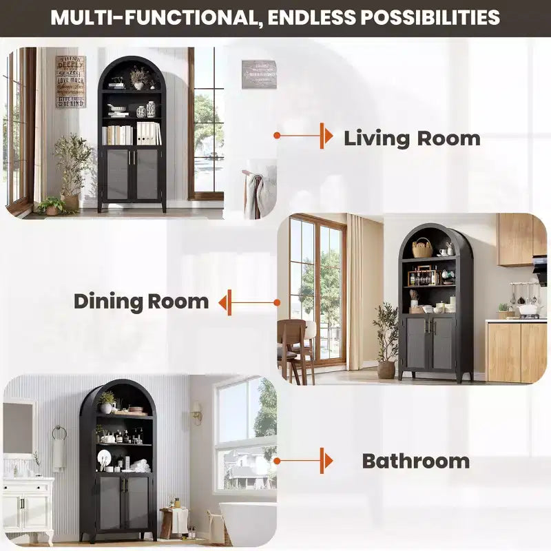 63.2" Arched Bookcase with Doors, 5-Tier Open Display Shelf with Rattan Decor for Kitchen, Dining Room, Living Room