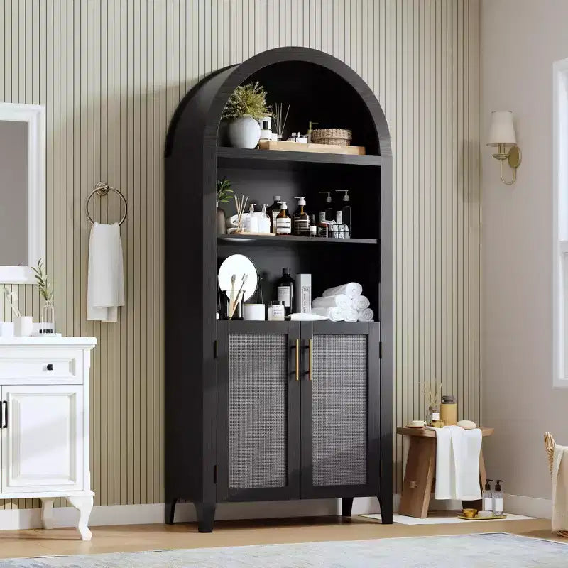 63.2" Arched Bookcase with Doors, 5-Tier Open Display Shelf with Rattan Decor for Kitchen, Dining Room, Living Room