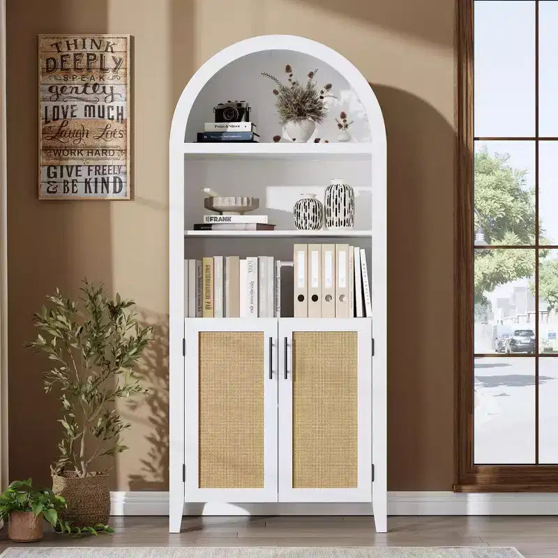 63.2" Arched Bookcase with Doors, 5-Tier Open Display Shelf with Rattan Decor for Kitchen, Dining Room, Living Room