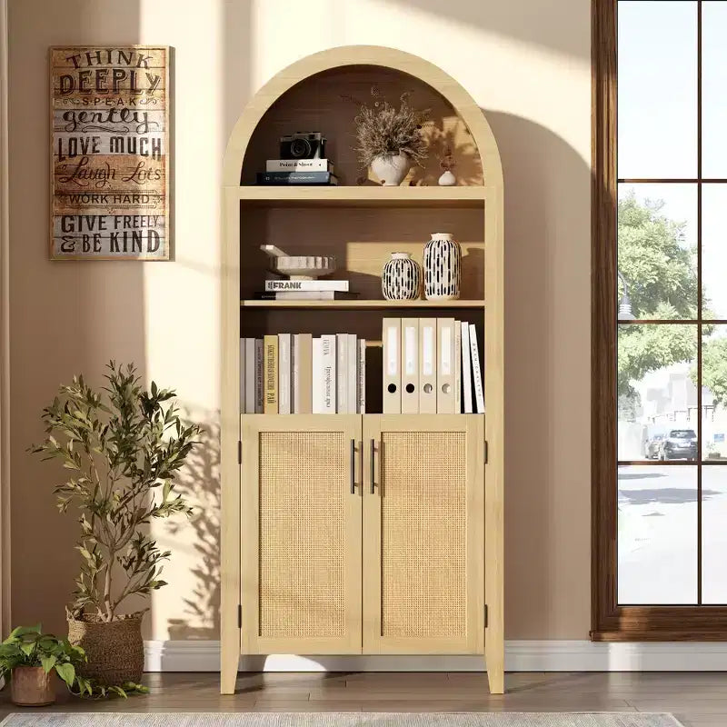 63.2" Arched Bookcase with Doors, 5-Tier Open Display Shelf with Rattan Decor for Kitchen, Dining Room, Living Room