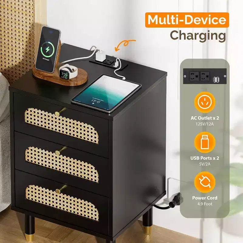 Black Rattan Nightstand with Charging Station, 3-Drawer Mid Century Modern Bedside Table