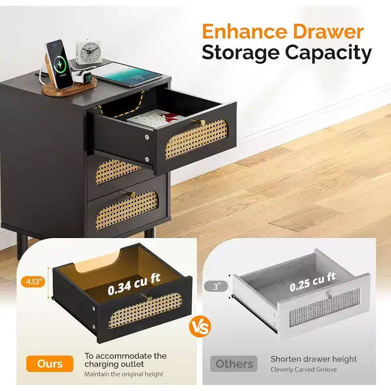 Black Rattan Nightstand with Charging Station, 3-Drawer Mid Century Modern Bedside Table