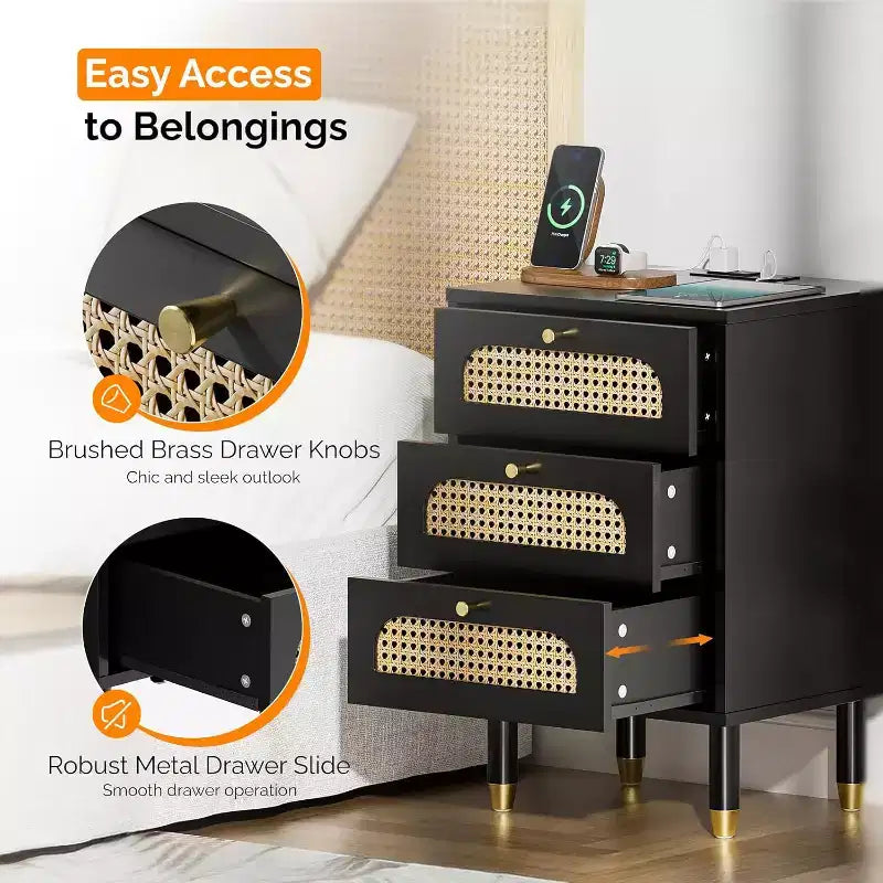 Black Rattan Nightstand with Charging Station, 3-Drawer Mid Century Modern Bedside Table