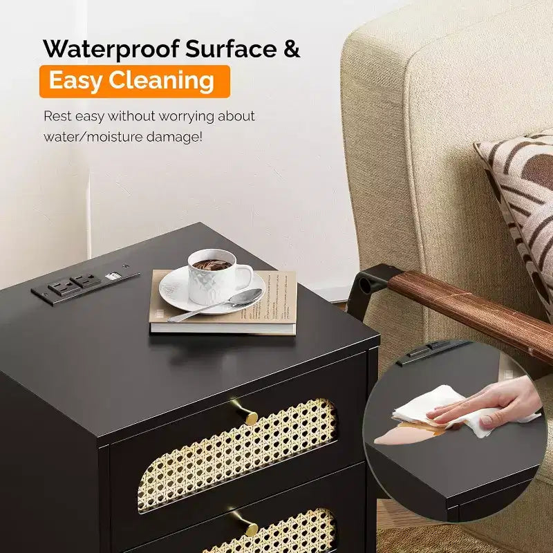 Black Rattan Nightstand with Charging Station, 3-Drawer Mid Century Modern Bedside Table