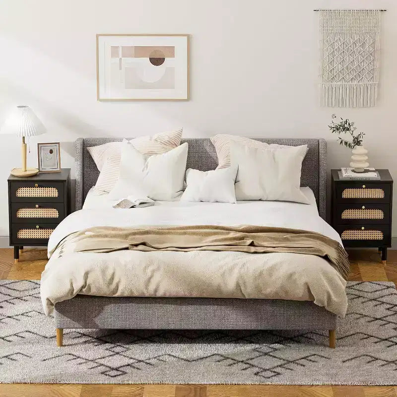 Black Rattan Nightstand with Charging Station, 3-Drawer Mid Century Modern Bedside Table