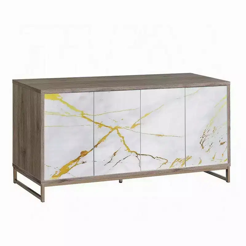 Sideboard Console Cabinet, White Marble Look, 4 Door, Brown, 65 Inch