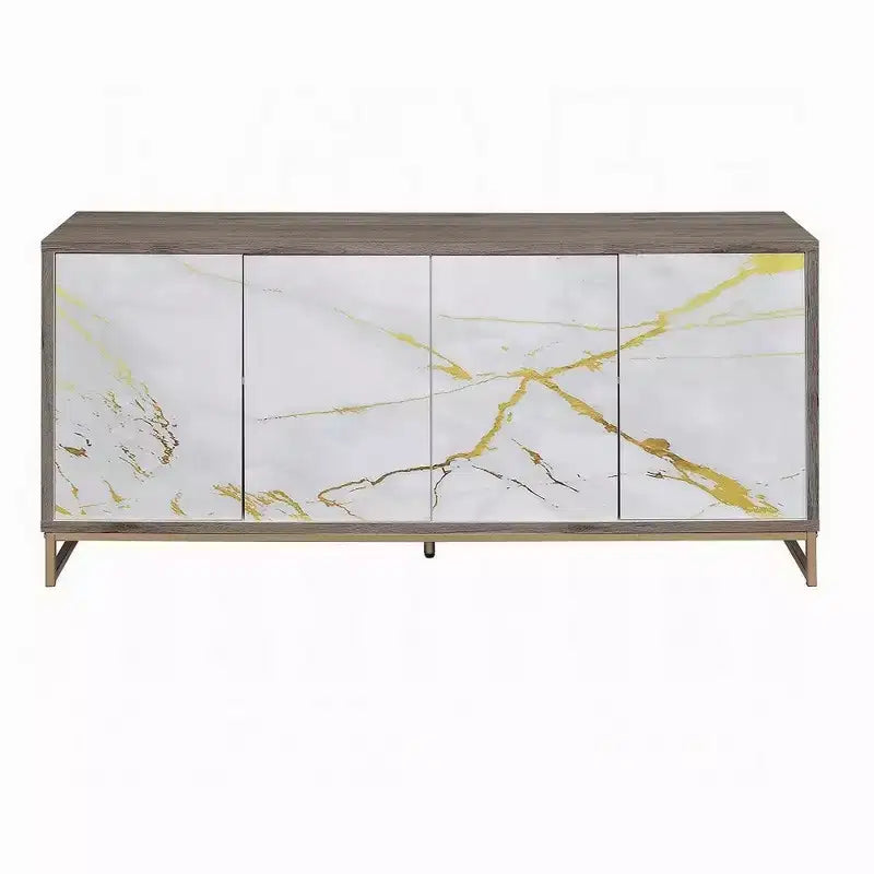 Sideboard Console Cabinet, White Marble Look, 4 Door, Brown, 65 Inch