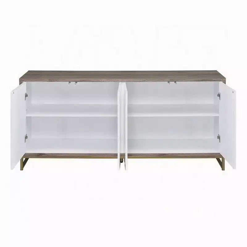 Sideboard Console Cabinet, White Marble Look, 4 Door, Brown, 65 Inch