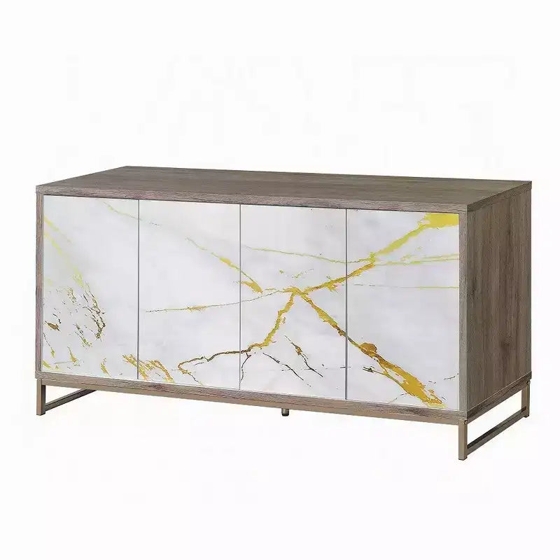 Sideboard Console Cabinet, White Marble Look, 4 Door, Brown, 65 Inch
