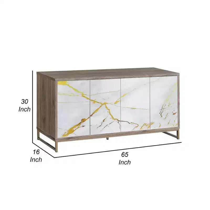 Sideboard Console Cabinet, White Marble Look, 4 Door, Brown, 65 Inch