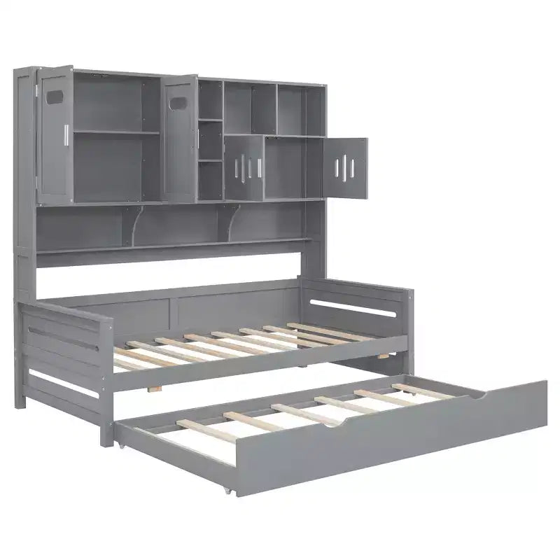 Twin/Full Daybed with Storage Bookcase and Trundle, Wooden Day Bed with Storage Cabinets & Shelves