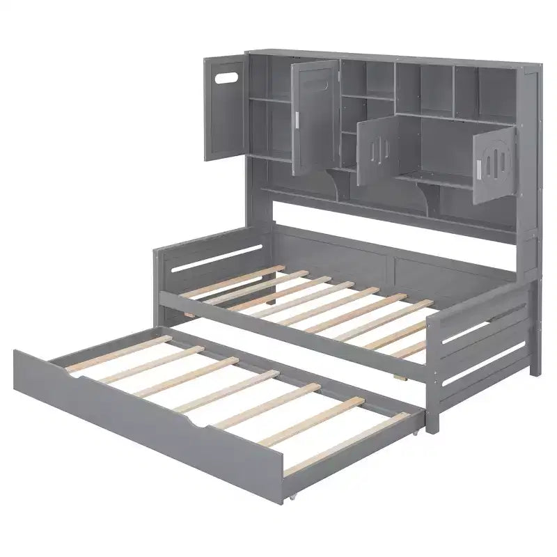 Twin/Full Daybed with Storage Bookcase and Trundle, Wooden Day Bed with Storage Cabinets & Shelves