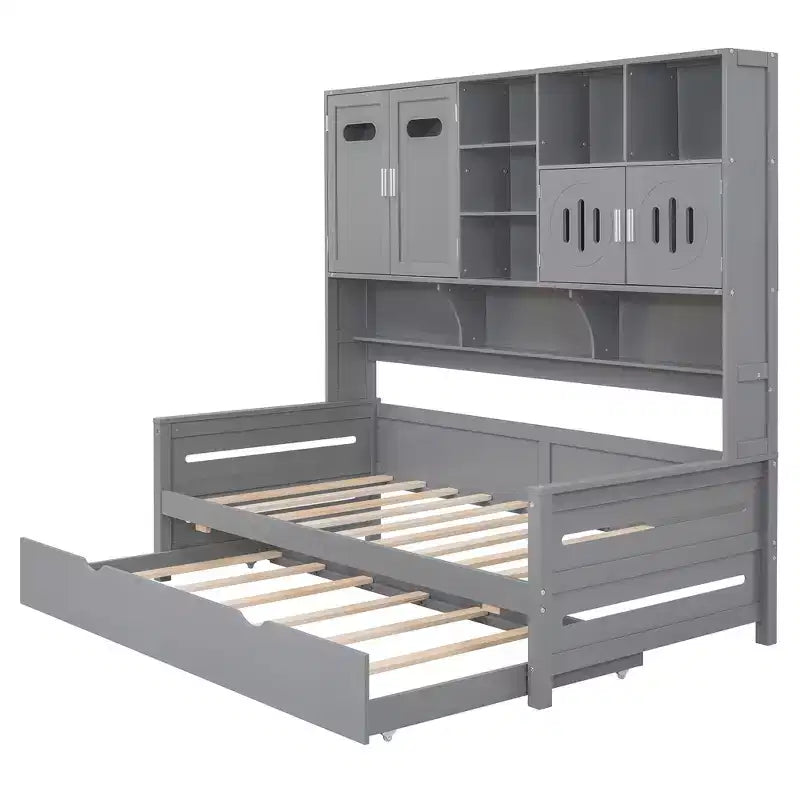 Twin/Full Daybed with Storage Bookcase and Trundle, Wooden Day Bed with Storage Cabinets & Shelves