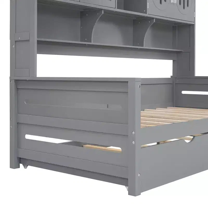 Twin/Full Daybed with Storage Bookcase and Trundle, Wooden Day Bed with Storage Cabinets & Shelves