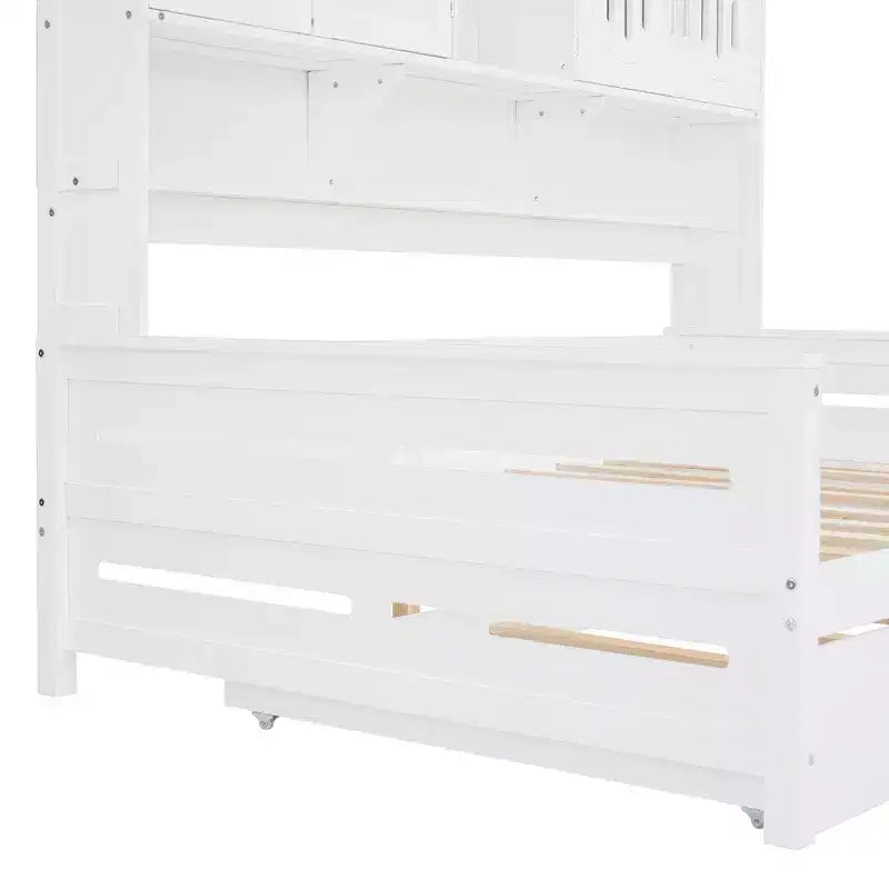Twin/Full Daybed with Storage Bookcase and Trundle, Wooden Day Bed with Storage Cabinets & Shelves