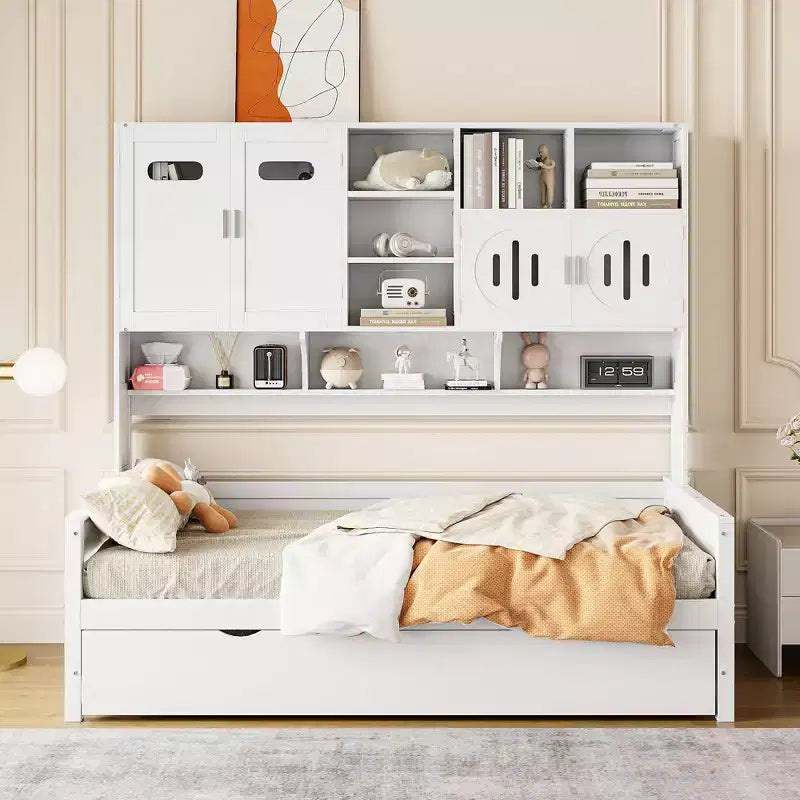 Twin/Full Daybed with Storage Bookcase and Trundle, Wooden Day Bed with Storage Cabinets & Shelves