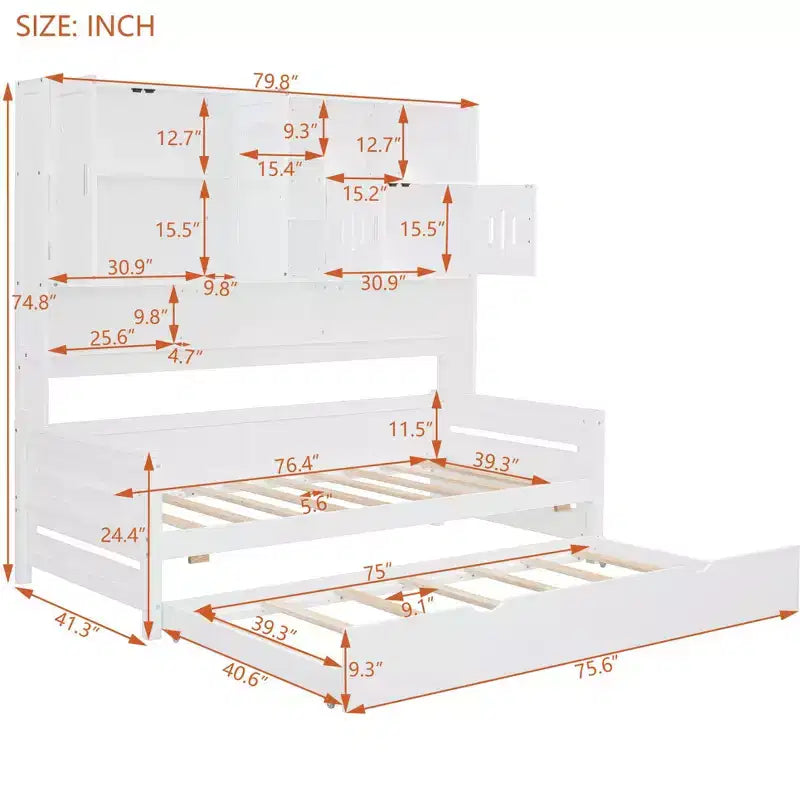Twin/Full Daybed with Storage Bookcase and Trundle, Wooden Day Bed with Storage Cabinets & Shelves