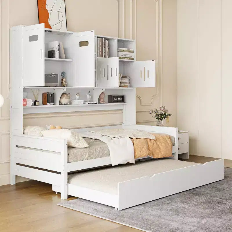 Twin/Full Daybed with Storage Bookcase and Trundle, Wooden Day Bed with Storage Cabinets & Shelves