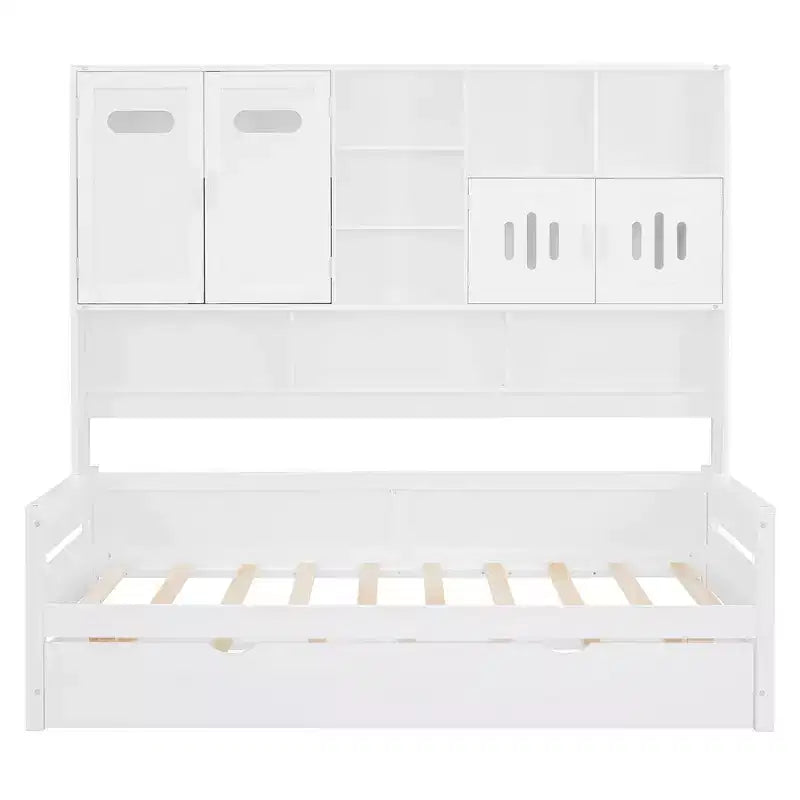 Twin/Full Daybed with Storage Bookcase and Trundle, Wooden Day Bed with Storage Cabinets & Shelves