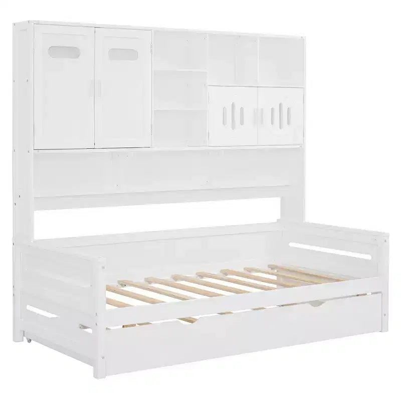 Twin/Full Daybed with Storage Bookcase and Trundle, Wooden Day Bed with Storage Cabinets & Shelves