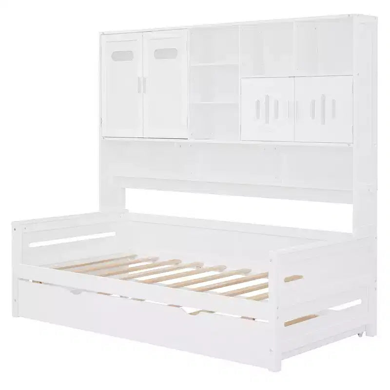 Twin/Full Daybed with Storage Bookcase and Trundle, Wooden Day Bed with Storage Cabinets & Shelves