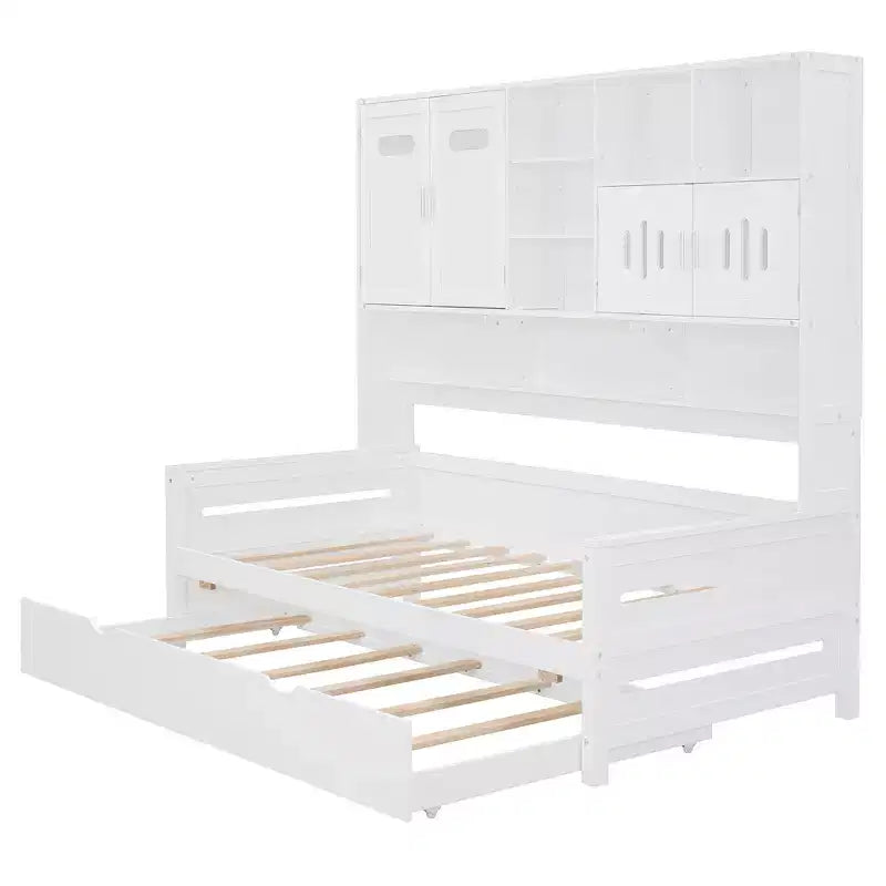 Twin/Full Daybed with Storage Bookcase and Trundle, Wooden Day Bed with Storage Cabinets & Shelves