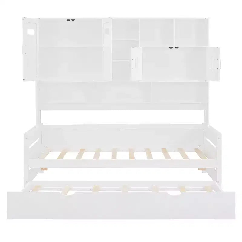 Twin/Full Daybed with Storage Bookcase and Trundle, Wooden Day Bed with Storage Cabinets & Shelves