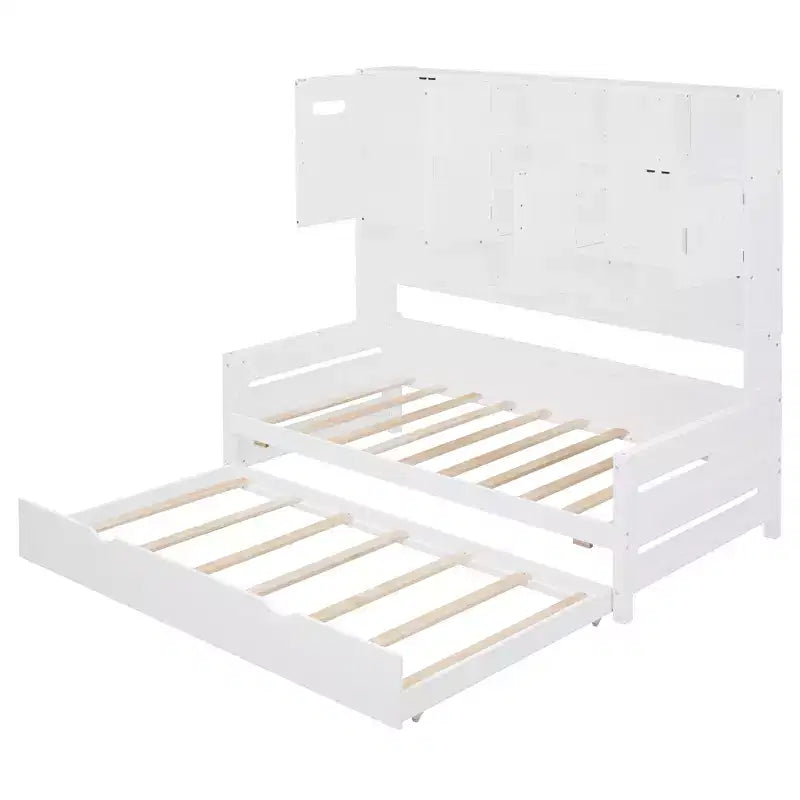 Twin/Full Daybed with Storage Bookcase and Trundle, Wooden Day Bed with Storage Cabinets & Shelves