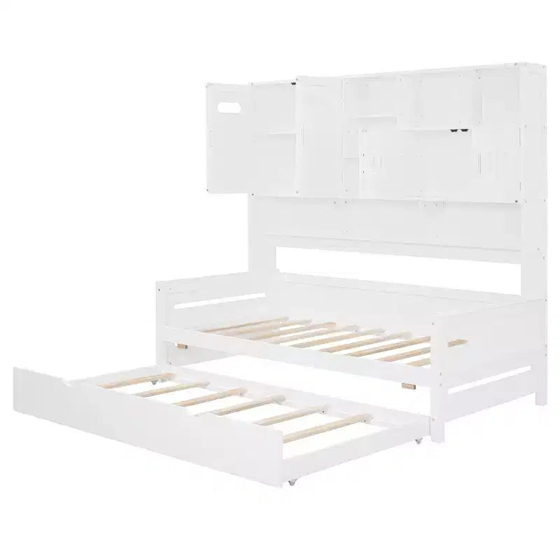 Twin/Full Daybed with Storage Bookcase and Trundle, Wooden Day Bed with Storage Cabinets & Shelves
