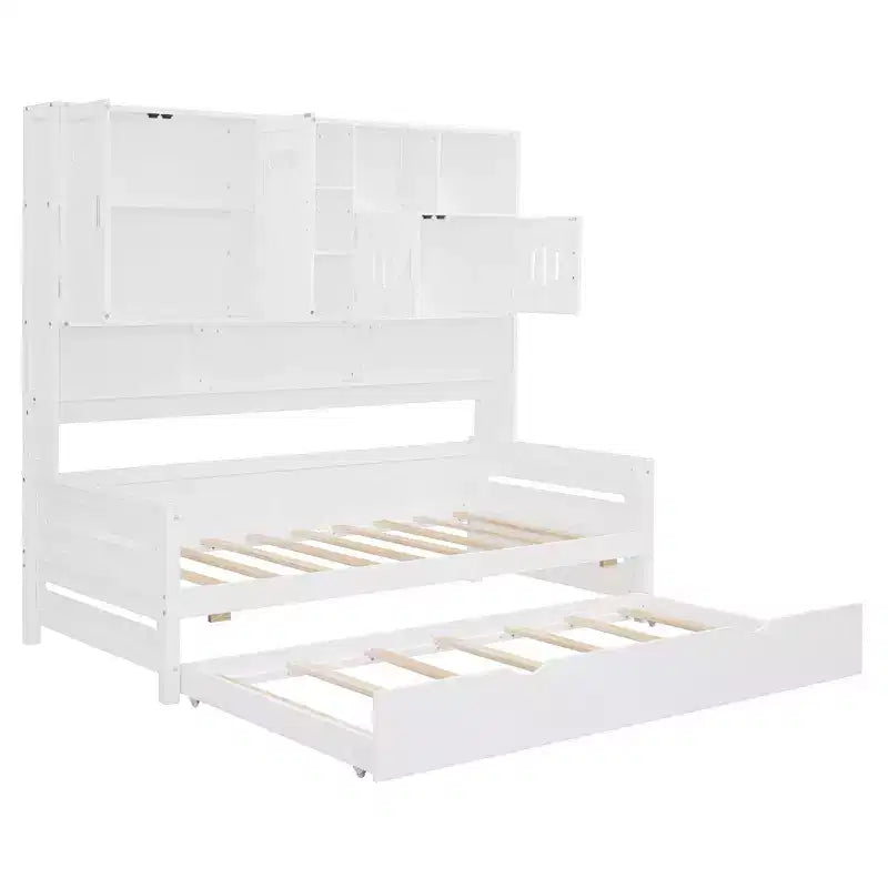 Twin/Full Daybed with Storage Bookcase and Trundle, Wooden Day Bed with Storage Cabinets & Shelves