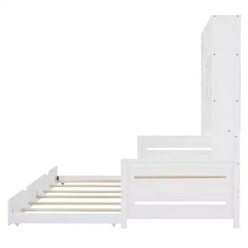 Twin/Full Daybed with Storage Bookcase and Trundle, Wooden Day Bed with Storage Cabinets & Shelves