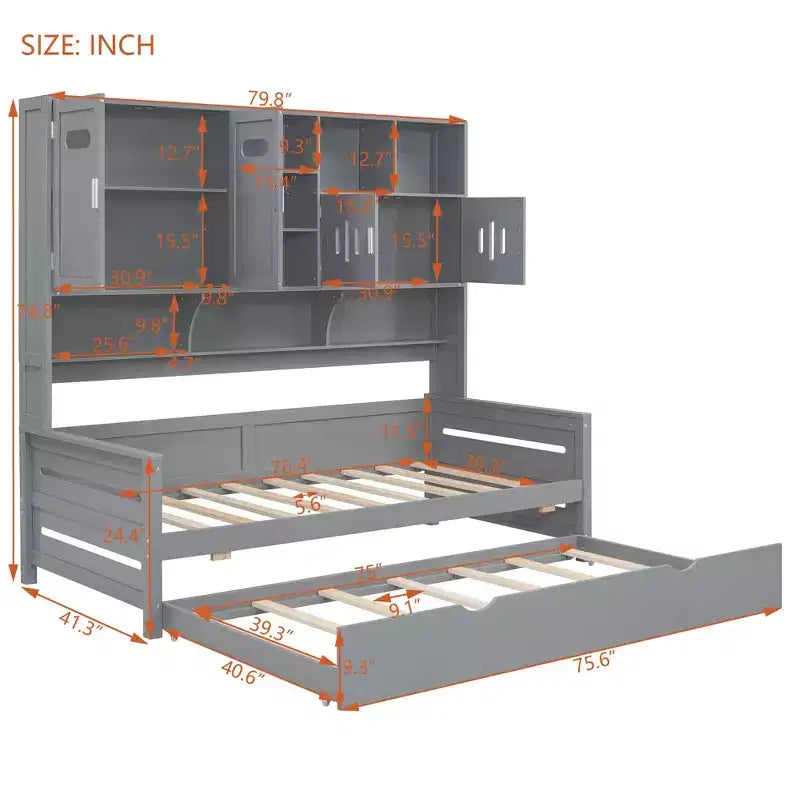Twin/Full Daybed with Storage Bookcase and Trundle, Wooden Day Bed with Storage Cabinets & Shelves