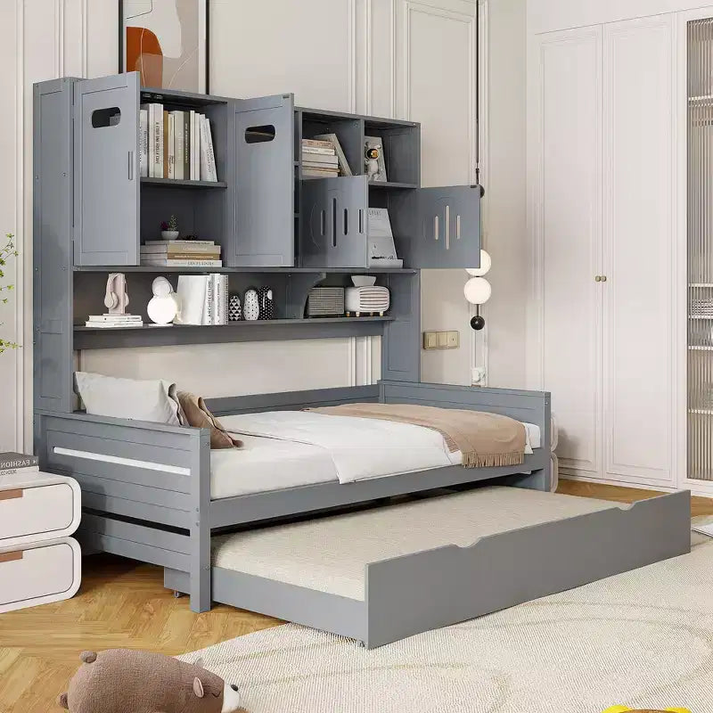 Twin/Full Daybed with Storage Bookcase and Trundle, Wooden Day Bed with Storage Cabinets & Shelves