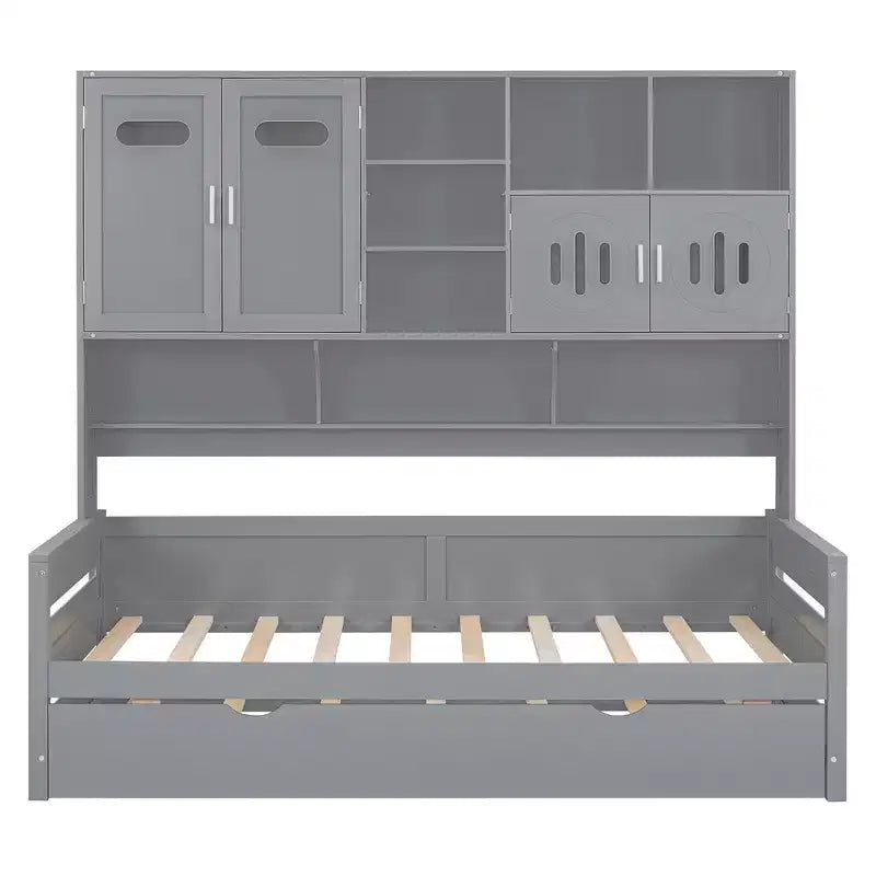 Twin/Full Daybed with Storage Bookcase and Trundle, Wooden Day Bed with Storage Cabinets & Shelves