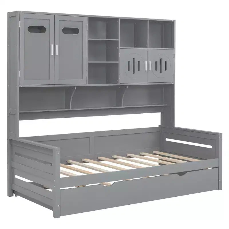 Twin/Full Daybed with Storage Bookcase and Trundle, Wooden Day Bed with Storage Cabinets & Shelves