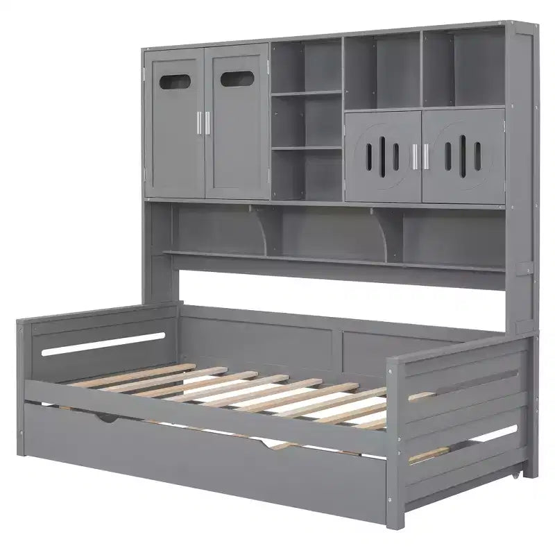 Twin/Full Daybed with Storage Bookcase and Trundle, Wooden Day Bed with Storage Cabinets & Shelves