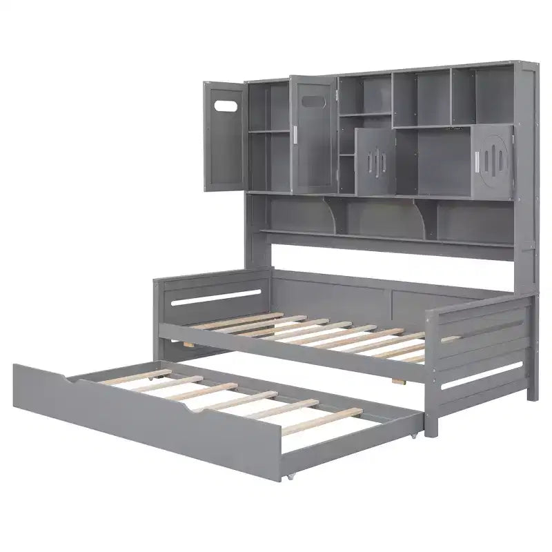 Twin/Full Daybed with Storage Bookcase and Trundle, Wooden Day Bed with Storage Cabinets & Shelves