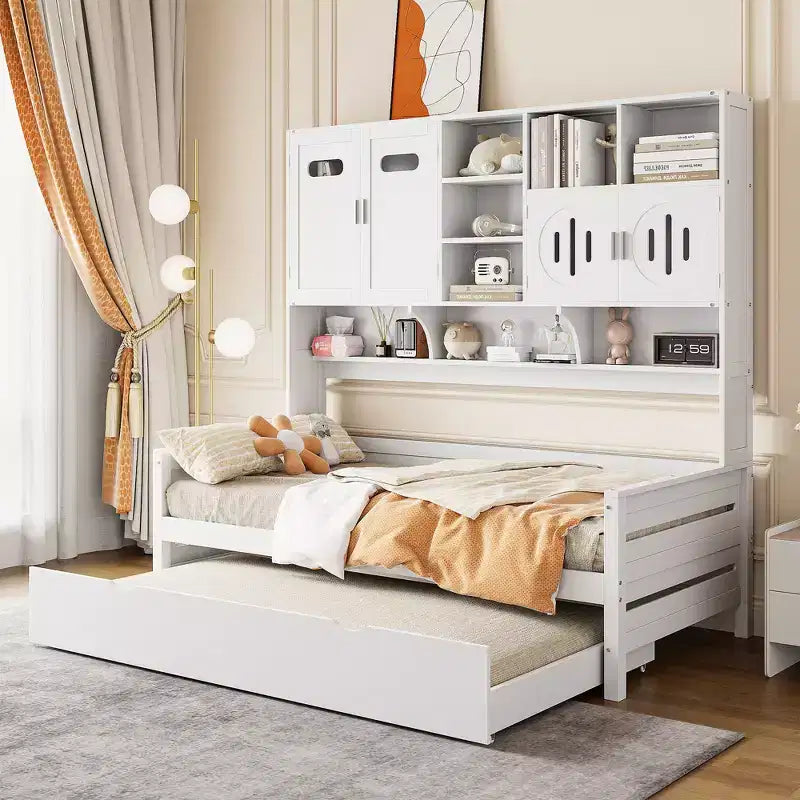 Twin/Full Daybed with Storage Bookcase and Trundle, Wooden Day Bed with Storage Cabinets & Shelves